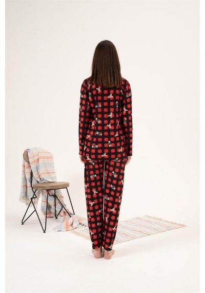 Estiva Kareli Desen Önden Düğmeli Süet Bayan Pijama Takım 001