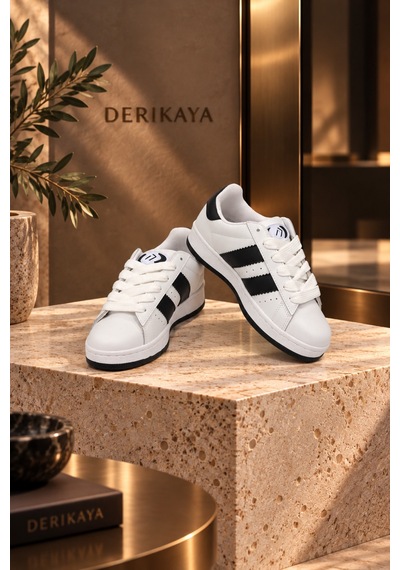 Derikaya Kadın Beyaz Siyah Bağcıklı Düz Taban Günlük Sneaker Spor Ayakkabı Beyaz - Siyah