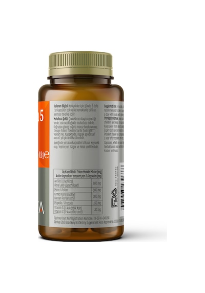 Talya Vitamin 5 Arı Sütü Polen Kırmızı Kore Ginseng Propolis Vitamin C İçeren Takviye Edici Gıda 60 Kapsül
