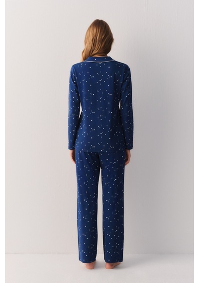 Suwen Dreaming Stars Gömlek Yaka Pamuklu Pijama Takımı Sh27401660b853 Yıldız Baskılı