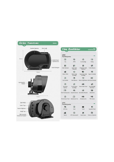 Ally A520 Obd2 + Gps Head Up Display Hud, Dijital Hız Göstergesi, Rpm & Sıcaklık & Basınç Takip, Hız Alarmı