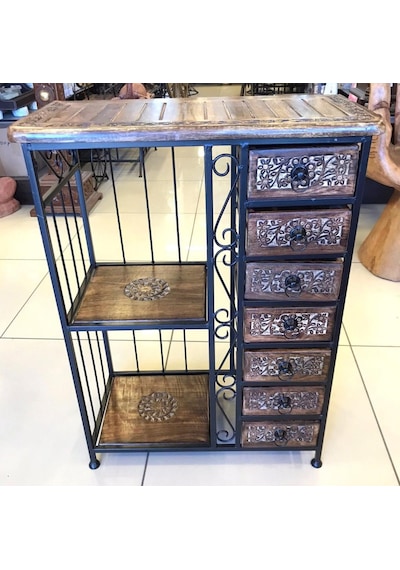 Ahşap Ferforje Oymalı Dresuar Etajer 7 Çekmeceli 60x29x80 Cm. Siyah