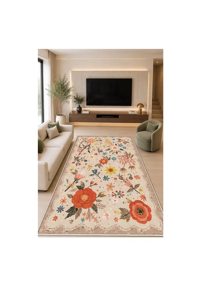 STY Home Krem Çiçekli Dijital Baskı Halı Kaymaz Tabanlı Yıkanabilir Halı Yolluk Salon Halısı141