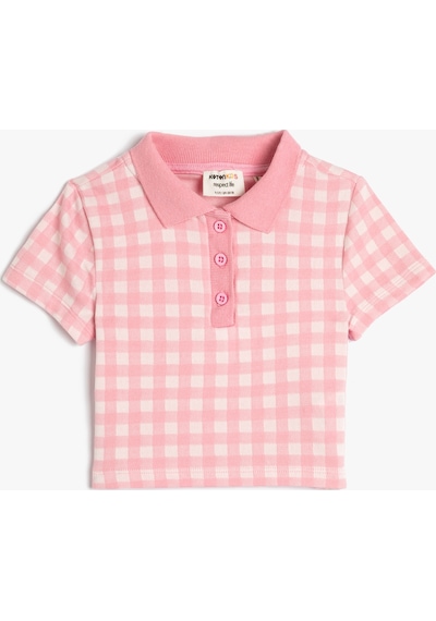 Koton Polo Tişört Crop Kısa Kollu Düğme Detaylı Dar Kalıp Pembe Ekose 3skg10134ak 3SKG10134AK2C6 Pembe