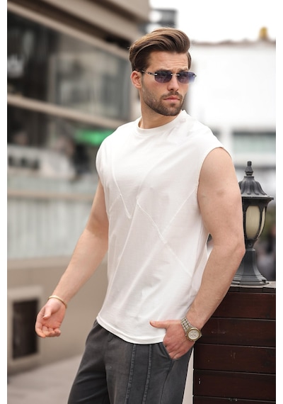 Madmext Ekru Kolsuz %100 Pamuklu Basic Erkek T-shirt E7137 Ekru