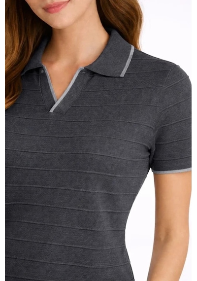 Triko Kumaş Yakalı Düğmesiz Açık Yaka Fitilli Kısa Kollu Regular Fit Tişört T-shirt - Siyah Siyah