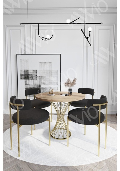 Avvio Pienna Mat Gold Teddy Sandalye 90x90 Yuvarlak Yemek Masası Mutfak Masası Masa Sandalye Takımı Akça