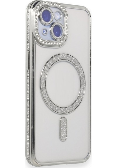 Apple Uyumlu iPhone 14 Kılıf Simli Magsafe Kamera Kenar Taşlı Kapak