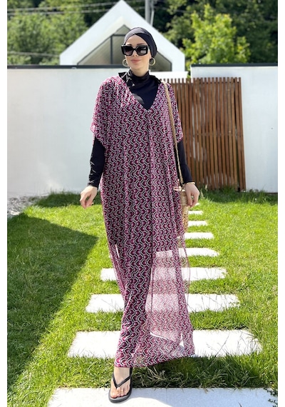 Remsa Tesettür Mayo Üzerine Desenli Tek Kaftan Pareo 430-306 Fuşya Fuşya