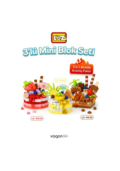 Loz Micro Block 3'lü Pasta Figürü 3 Farklı Model Dekoratif Oyuncak Yapım Seti Yapı Blok Seti