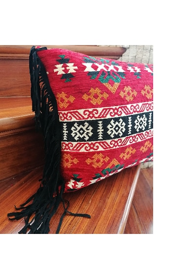 Etnik Kırmızı Kilim Püsküllü Kırlent Bohem Dekoratif İçi Dolgulu Yastık Kırmızı