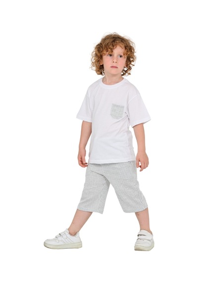 Erdem Kıds Erkek Çocuk Basic T-shirt Şort Çizgili Kaprili Yazlık 2'li Takım Gri Gri