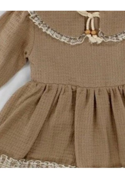 Babyhola Bayramlık Kız Bebek Elbise Dantel İşlemeli Bebe Yaka Vintage Müslin 2017 Kahverengi
