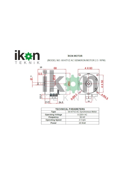 İkon Teknik AC SENKRON MOTOR 68 KTYZ 28 Watt 2.5 RPM 220 Volt