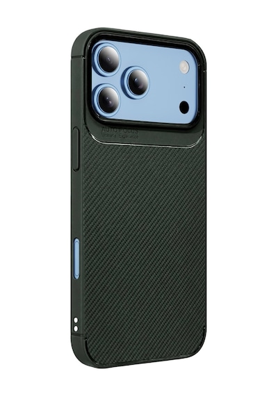 Apple İphone 18 Pro İle Uyumlu Karbon Tasarım Silikon Telefon Kılıfı Ve Temperli Cam Ekran Koruyucu Koyu Yeşil