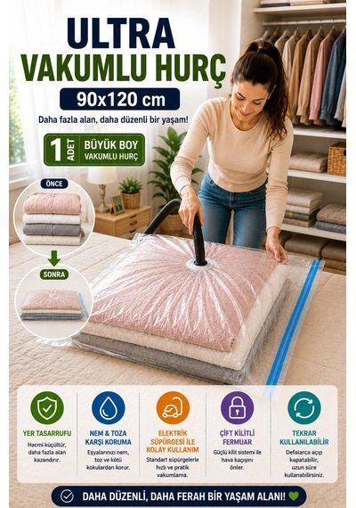 Ultra Boy Vakumlu Hurç 90x120 Cm 1 Adet Çift Kilitli Vakum Poşeti Yorgan Battaniye Saklama Çuvalı Şeffaf