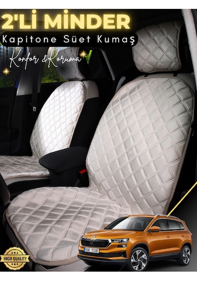 Skoda Karoq Uyumlu 2'li Süet Oto Koltuk Minderi Terletmez Universal Tam Koruma A4 Bej