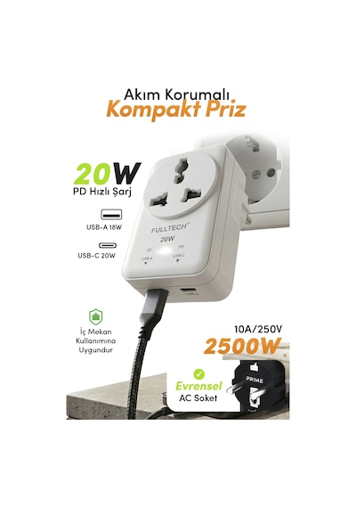Fulltech Ftr-27 20w Pd Hızlı Şarjlı Akım Korumalı Kompakt Priz Beyaz Usb-c & Usb-a Çıkışlı 2500w G Kablosuz