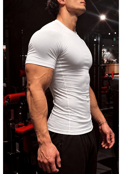 Genius Store Erkek Dalgıç Kumaş Compression Spor Tişört Muscle Body Fit Gym Antrenman T-shirt Compression-t-shirt Beyaz