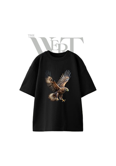 Thewert Altin Kartal Tasarım Baskılı Ünisex Siyah Oversize T-shirt