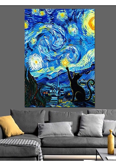Ahşap Tablo Yıldızlı Gece Ve Kedi