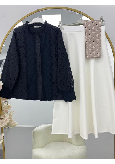 Lovie Moda Kadın Keten Gömlekli Etekli Takım - Siyah Bej