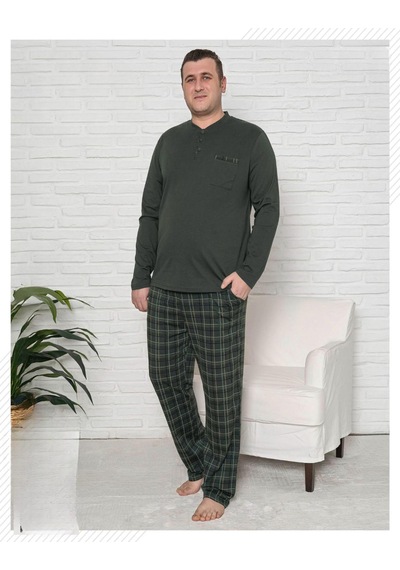 Pijamoni Erkek Battal Düğme Yaka Penye Uzun Kol Pijama Takımı 6720/13 - 1 Adet Haki