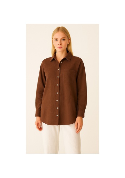 Thiff Gymwear Kadın Oversize Basic Cepli Müslin Gömlek Kahverengi