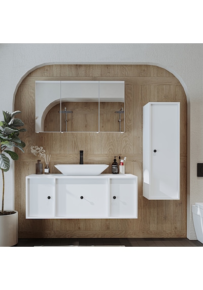 Lavabolu Mdf 120 Cm Çekmeceli Dolap + Aynalı Üst Dolabı Beyaz Mat Beyaz