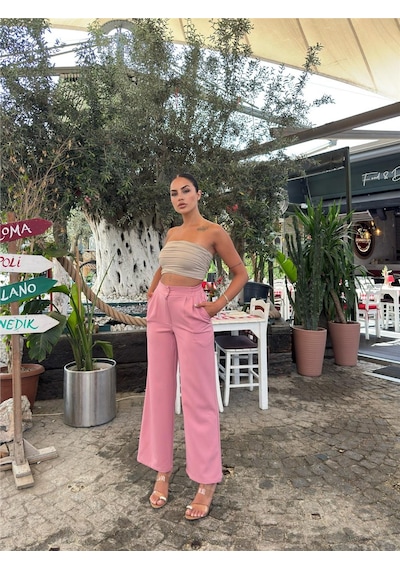WeShaya Pudra Likralı Palazzo Pantolon Pudra