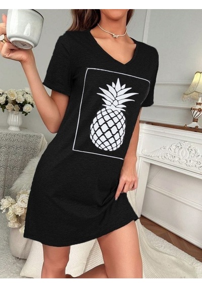 Kadın Ananas Baskılı Kısa Kol Viskon Elbise Bediva 001