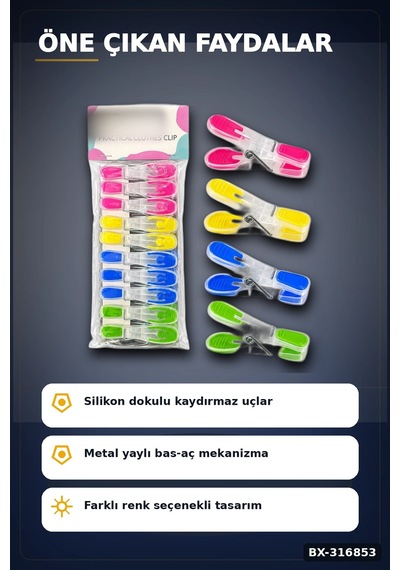 Silikon Ağızlı Şeffaf Plastik Mandal Seti, Bas Aç Pratik Çamaşır Mandalı 10 Adet Bx-316853 Diğer