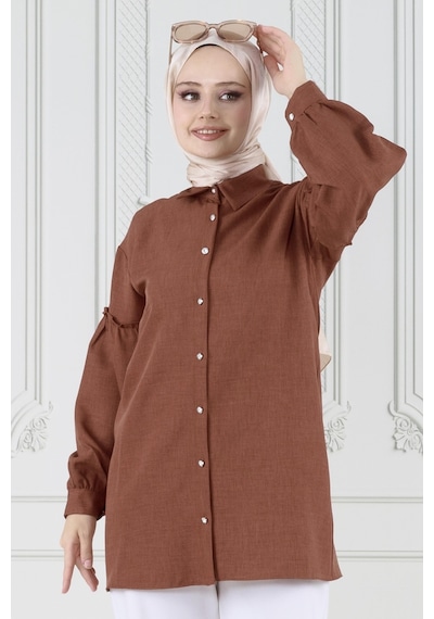 Sevitli Kolu Fırfır Detaylı Tunik-kahverengi-3617-kahverengi Kahverengi
