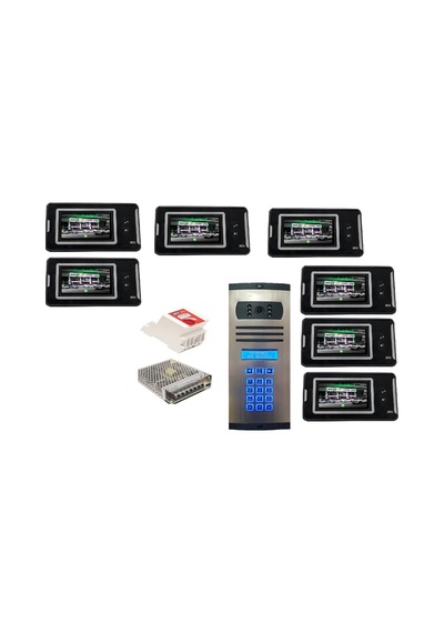 7 Daire Nts 2001-s 4,3'' Görüntülü Diafon Siyah-8003 Tuş Takımlı Şifreli Zil Panelli Set
