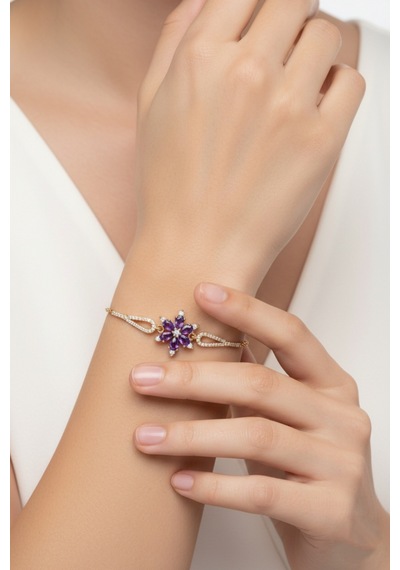 Çekirdekjewelry 925 Ayar Gümüş Mor Zirkon Taşlı Çiçek Figürlü Zarif Altın Renk Kadın Bileklik Sarı
