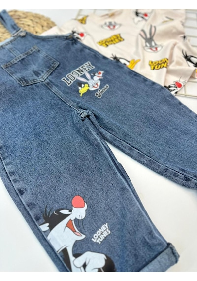 Nota Kids Baskılı Çocuk Kot Salopet Trend 2 Parça Kombin 3-6 Yaş Çok Renkli