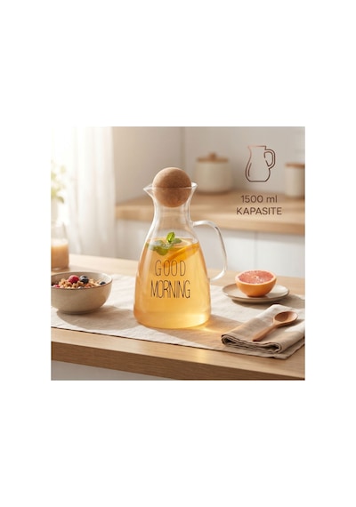 Yuvarlak Mantar Kapaklı Sürahi - 1500 Ml - Yüksek Kaliteli Cam