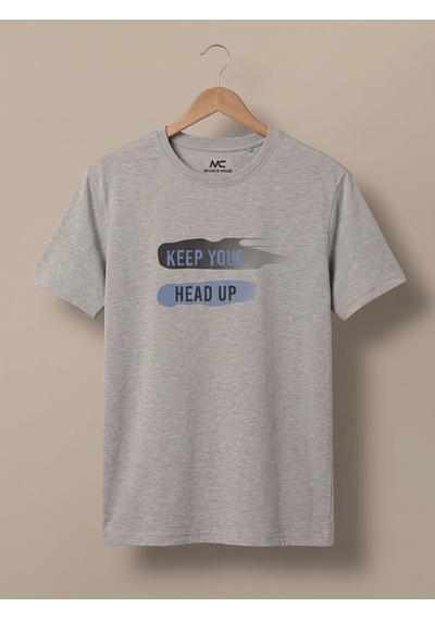 Maccali Erkek Gri Keep Your Head Up Baskılı Bisiklet Yaka Bol Kesim Tişört