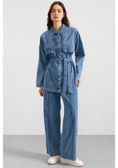 Olcay Pelerin Ve Metal Düğmeli Ceket Pantolon Denim İkili Takım Mavi 9393-tk