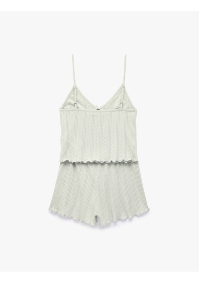 Koton Fiyonk Detaylı Dokulu Pamuklu Askılı Şortlu Pijama Takımı Yeşil 7wlk40172mk