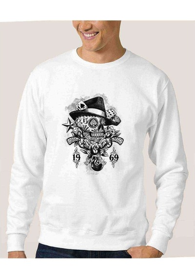Gamblıng Zar 1969 Baskılı Beyaz Erkek Örme Sweatshirt