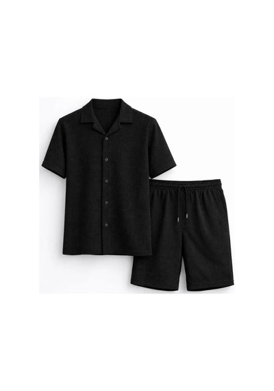 Efnaz Style Erkek Waffle Kumaş Kısa Kollu Gömlek Şort Takım Regular Fit Yazlık İkili Set - Siyah