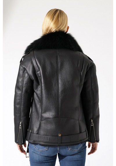 M M Marki Marki Kadın Hakiki Deri Mont, Siyah, Oversize, İçi Kürklü, 74 Cm, Kemerli