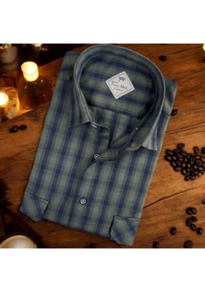 Eren Style Linen Keten Klasik Uzun Kollu İki Cepli Kapaklı Mavi Baba Gömleği Regular Kalıp Haki