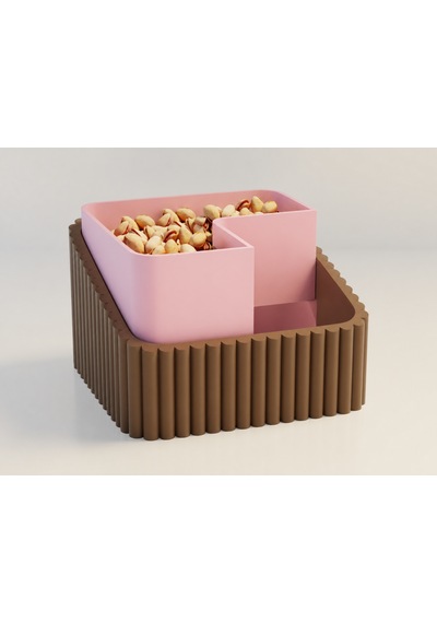 3d Baskı Fıstık Kasesi - Çift Hazneli Kabuk Ayırıcı Sunum Kasesi - Kahverengi Pembe
