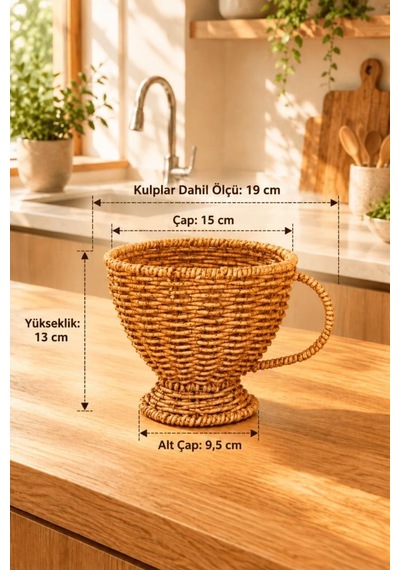 Atbyhome Doğal Hasır Rattan Kupa Formunda Ayaklı Sepet 15x13 Cm - Kulplu Masa Üstü Ekmeklik Ve Meyvelik Kahverengi