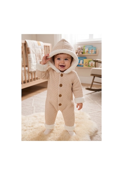 Tatlı Unisex Bebek Kapitone Tulum İçi Peluş Kürklü Kapüşonlu Düğmeli Kışlık Bebek Kozmonot Tulumu Bej