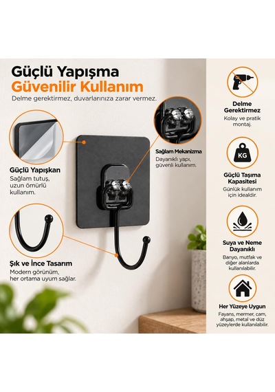 Orret Home 10 Adet Güçlü Yapışkanlı Askı, Delmeden Montaj Siyah Duvar Askılığı, Banyo Mutfak Havlu Anahtar Çanta Askısı, 6,5 X 6,5 Cm Yapışkanlı Kanca Seti 12 Izgara