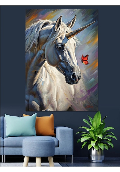 Ahşap Tablo Tek Boynuzlu At Unicorn Ve Kelebek
