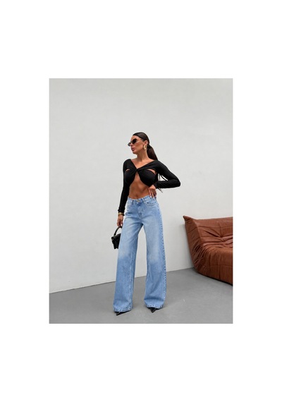 Kene Jeans Kadın Wide Leg Yüksek Bel Bol Paça Kot/denim Palazzo Pantolon Buz Kar